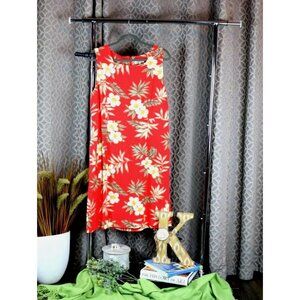 Vintage Tahiti Reef Club Sheath Dress. Red with hibiscus flowers, palm fronds an